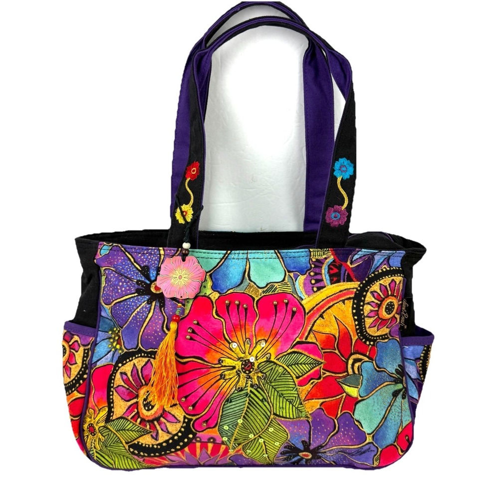 Laurel Burch Handbag Floral Canvas Colorful Boho Beaded‎ Travel Shoulder Bag